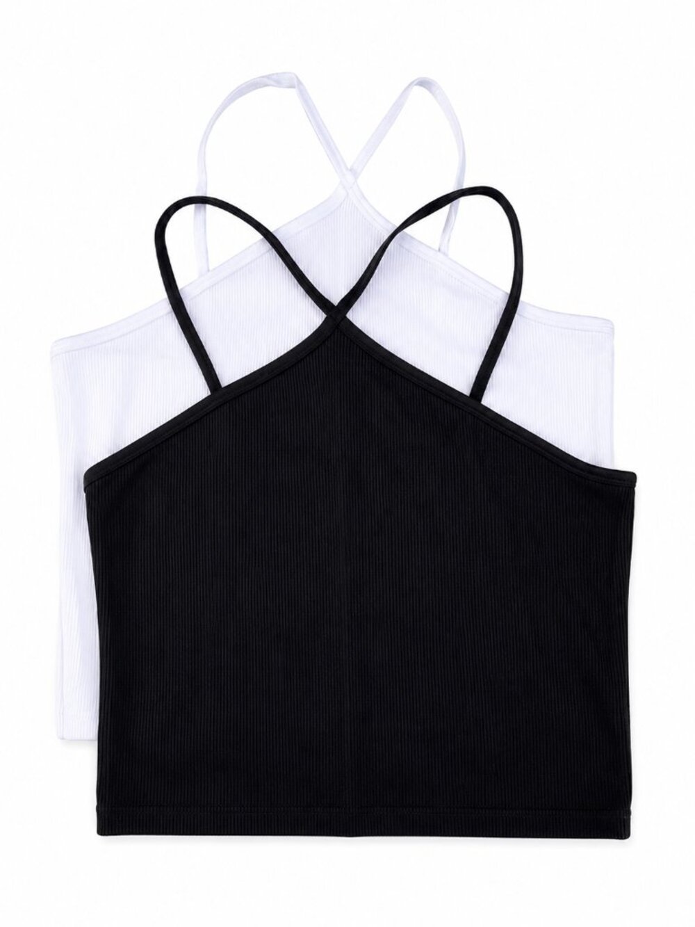 Set of 2 Women's Black & White Ribbed Halter Neck Crop Cami Tank Tops, XL